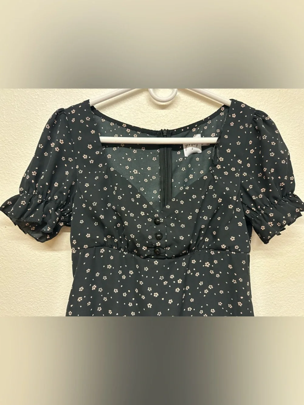 Black Floral Mini Dress with Puff Sleeves - Picture 2 of 4